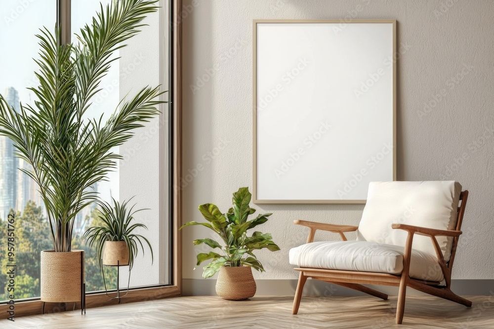 Fototapeta premium Poster Frame in Beige minimalist living room interior created with generative AI