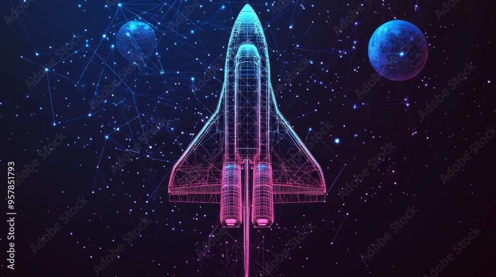 Abstract image of a space shuttle in the form of a starry sky or space, consisting of points, lines, and shapes in the form of planets, stars and the universe. Cosmos vector wireframe concept Abstract image of a space shuttle in the form of a starry sky or space, consisting of points, lines, and shapes in the form of planets, stars and the universe. Cosmos vector wireframe concept