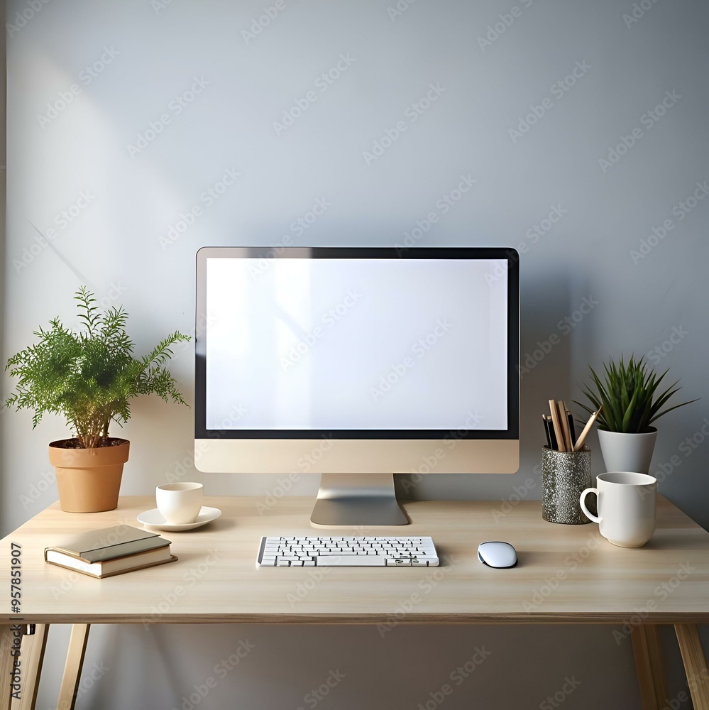 Clean and minimalist desktop mockup with a blank computer screen. keyboard. mouse. and subtle decor. Clean and minimalist desktop mockup with a blank computer screen. keyboard. mouse. and subtle decor.