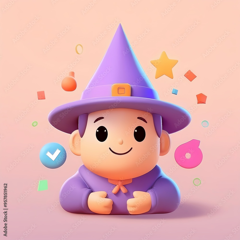 Naklejka premium A cartoon character with a purple hat and a smile on his face