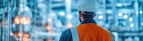A focused worker in safety gear observes operations in a modern industrial facility, highlighting safety and productivity.