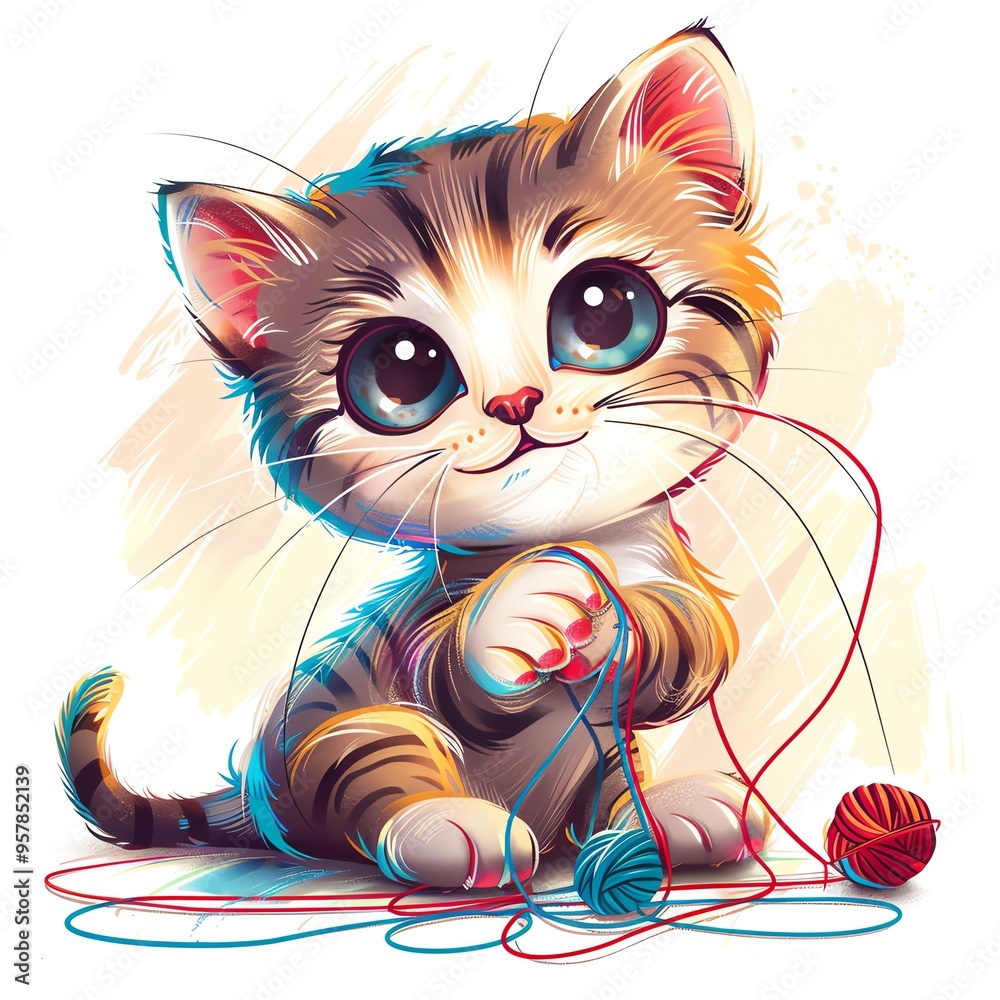 Fototapeta premium a cute cat, playing with yarn, digital illustration, vibrant colors, isolated on white background