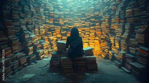 Silhouetted person lost in a towering mountain of books symbolic of mental burden and information overload photo