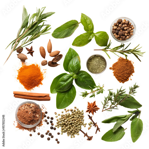 Top view of Herbs and spices isolated on white background, ingredients for cooking food, healthy vegetables food, high fibers isolated on white or transparent background photo