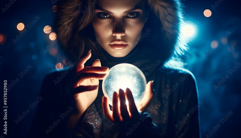 Naklejka premium Mystic Woman Holding Illuminated Crystal Ball at Night with Intense Gaze, Enigmatic Fortune Teller in Atmospheric Lighting, Mystical and Spiritual Theme