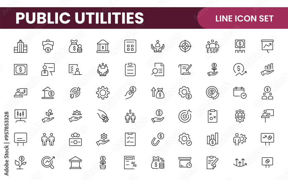 Public utilities linear signed icon collection. Signed thin line icons collection. Set of public utilities simple outline icons. Public utilities linear signed icon collection. Signed thin line icons collection. Set of public utilities simple outline icons.