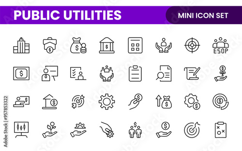  Public utilities linear signed icon collection. Signed thin line icons collection. Set of public utilities simple outline icons.