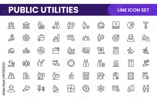  Public utilities linear signed icon collection. Signed thin line icons collection. Set of public utilities simple outline icons.