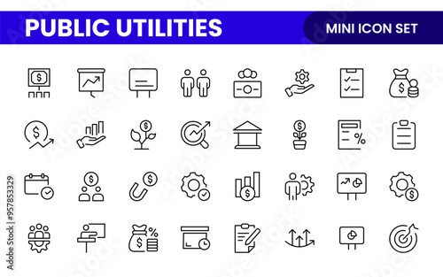 Public utilities linear signed icon collection. Signed thin line icons collection. Set of public utilities simple outline icons.