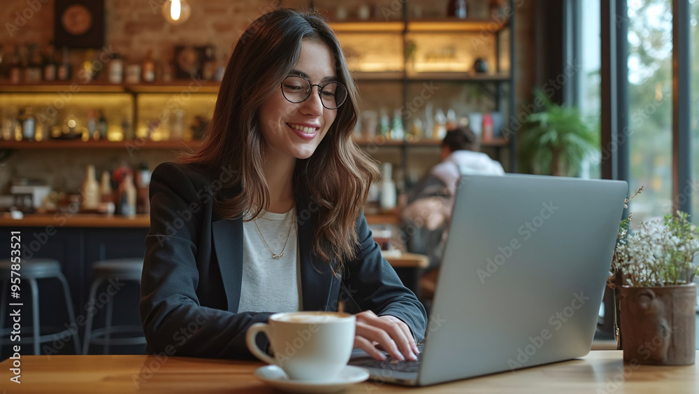 Smiling Woman Working on Her Laptop in a Cozy Café with a Cup of Coffee Smiling Woman Working on Her Laptop in a Cozy Café with a Cup of Coffee