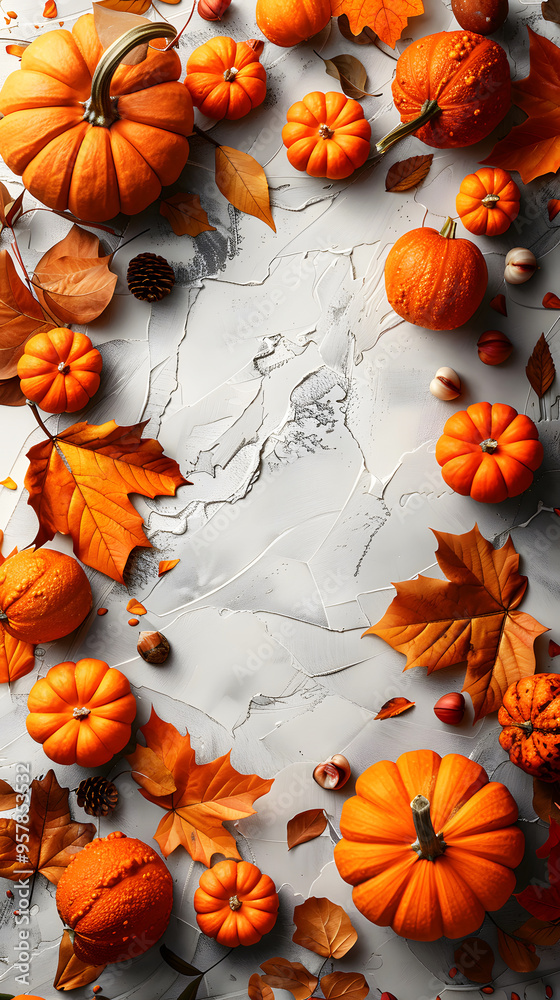 Close-up Top View of Festive Fall White Marble Decoration Background with Vibrant Orange Pumpkins and Autumn Leaves, Perfect for Thanksgiving, and Halloween. Copy Space for Portrait Web Banner Design Close-up Top View of Festive Fall White Marble Decoration Background with Vibrant Orange Pumpkins and Autumn Leaves, Perfect for Thanksgiving, and Halloween. Copy Space for Portrait Web Banner Design
