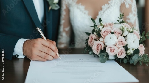 Newlywed couple signing marriage certificate in an intimate private wedding ceremony formalizing and legalizing their union and beginning a new chapter together photo