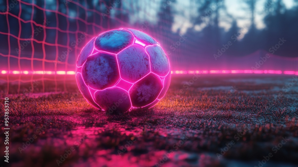Naklejka premium 3D render of a neon soccer field from a 3D perspective angle featuring a football playground and a virtual sports game with pink and blue glowing lines.