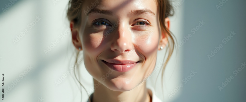 Obraz premium Young woman smiling with sunlight on her face