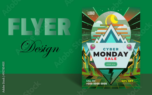 Cyber Monday banner in fashionable neon style, luminous signboard, nightly advertising of sales rebates of cyber Monday offer