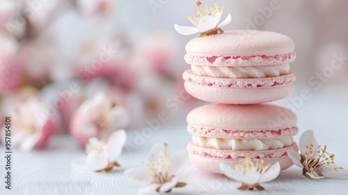 A close-up of a lychee macaron with a creamy buttercream filling.