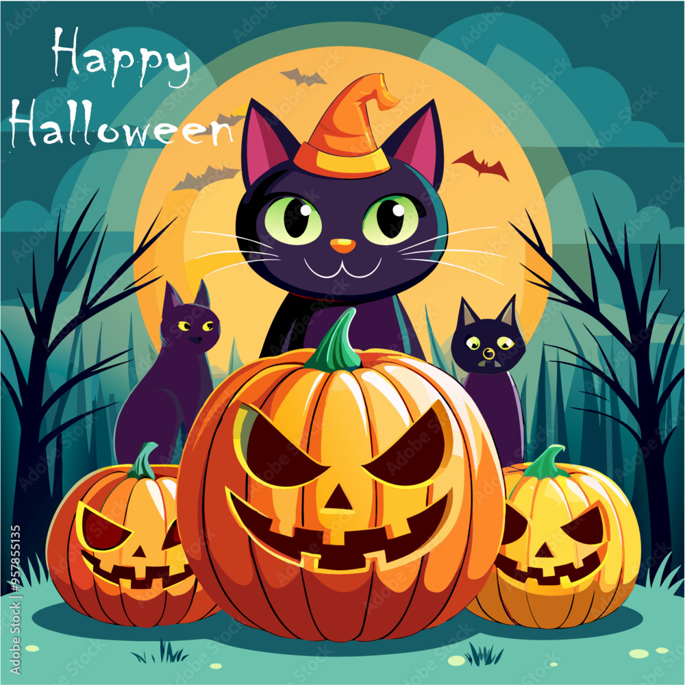 halloween cat with pumpkin halloween cat with pumpkin