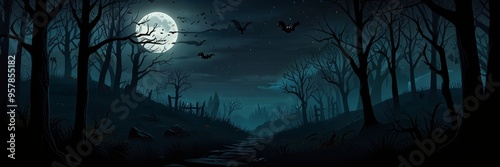 Creepy Forest with Full Moon Halloween Digital Illustration