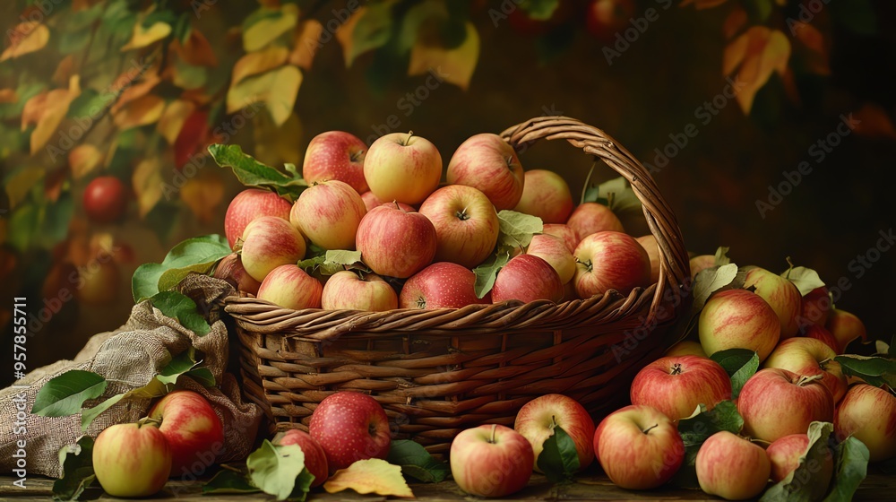 A Basket of Ripe Red and Yellow Apples with Green Leaves A Basket of Ripe Red and Yellow Apples with Green Leaves