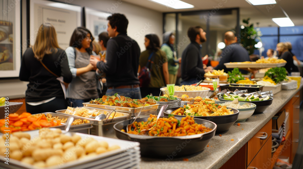 Fototapeta premium A welcome party for new hires featuring variety of snacks and dishes, creating lively and engaging atmosphere.