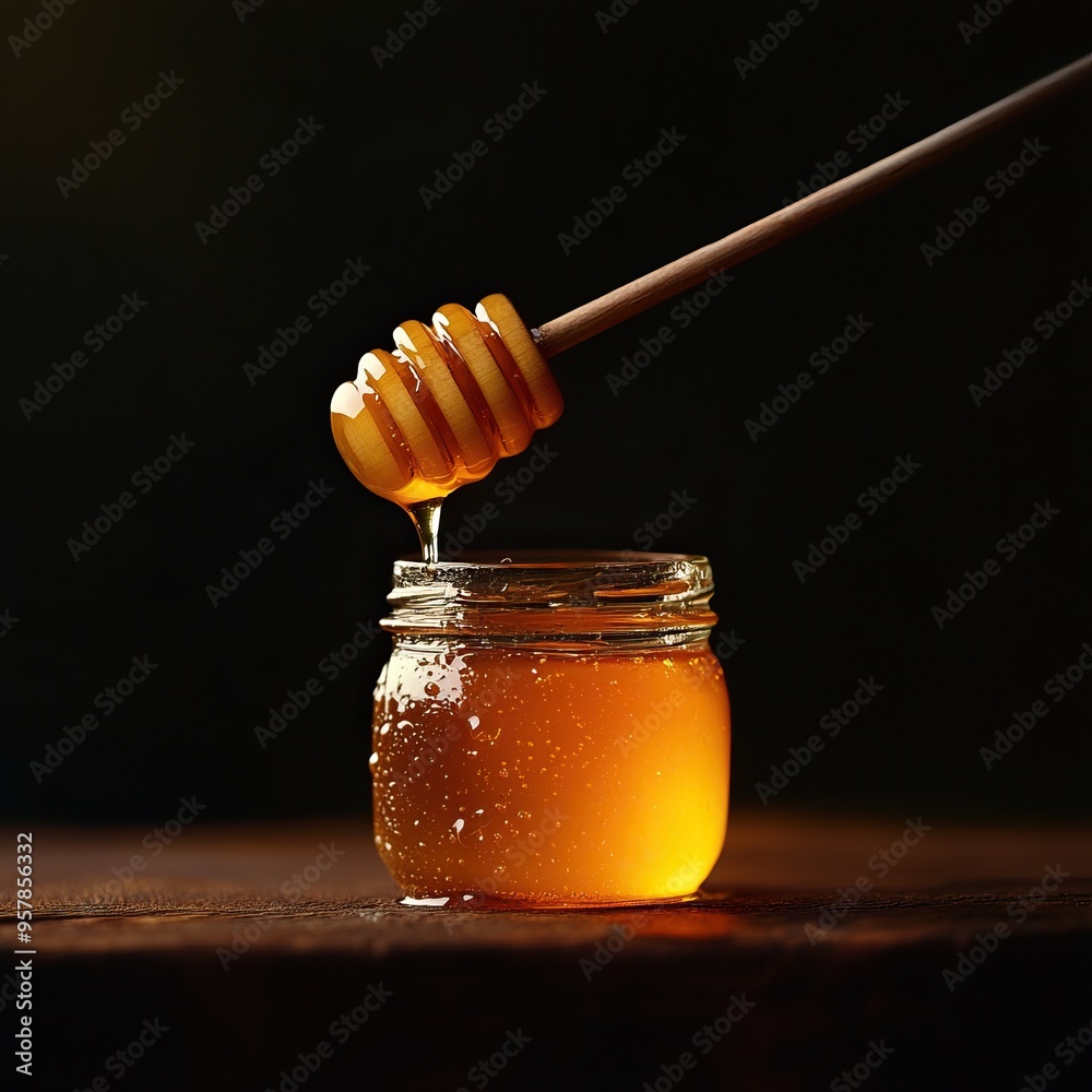 Close-up of honey dripping from a wooden dipper into a jar, showcasing rich color and texture. Perfect for food and health themes. Close-up of honey dripping from a wooden dipper into a jar, showcasing rich color and texture. Perfect for food and health themes.