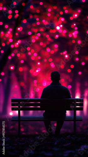 A serene scene of a person sitting on a bench, surrounded by vibrant pink lights and trees, evoking feelings of peace and contemplation.