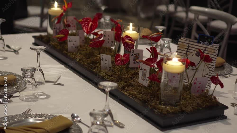 Elegant casino table with playing card centerpiece, candles and tableware for high-end events, banquets or formal meetings. Elegant casino table with playing card centerpiece, candles and tableware for high-end events, banquets or formal meetings.