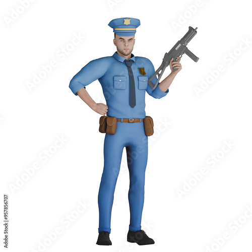 Cartoon Professional Police Officer. A male police officer standing with right hand on waist while left hand holding long gun. 3D Male