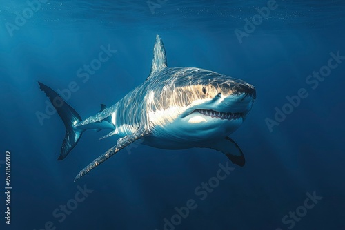 Great White Shark Swimming Through Blue Water