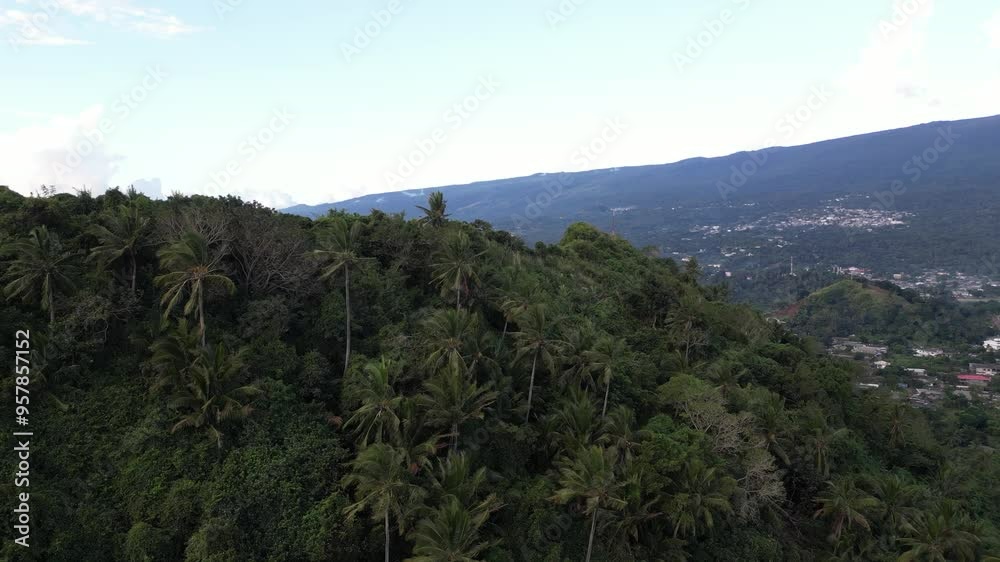 Drone Shot Of Forested Mountain Overlooking a Town, Moroni Comoros Islands Drone Shot Of Forested Mountain Overlooking a Town, Moroni Comoros Islands