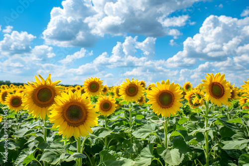 Beautiful sunflower field under blue sky with clouds, summer landscape