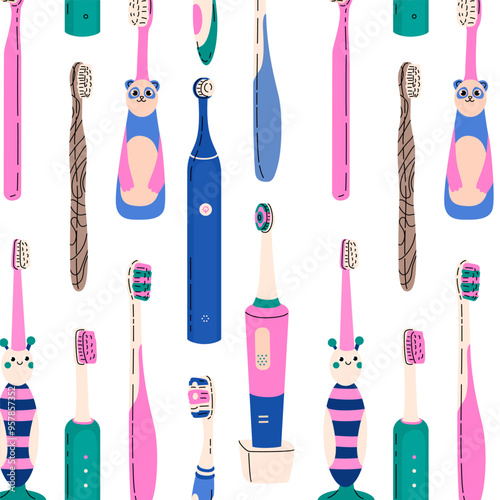Endless pattern for packaging and textiles on the topic of dental hygiene. Toothbrushes, pastes and other oral hygiene products. Vector illustration in a modern flat cartoon style.