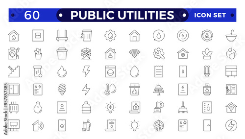 Public utilities, service. Set of Outline icons in linear style. Electricity, water supply, gas supply, drainage, garbage removal, major repairs, cold, hot water. Outline conceptual pictogram.