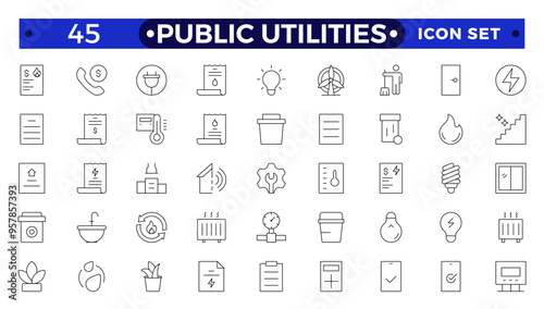 Public utilities, service. Set of Outline icons in linear style. Electricity, water supply, gas supply, drainage, garbage removal, major repairs, cold, hot water. Outline conceptual pictogram.