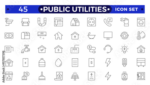 Public utilities, service. Set of Outline icons in linear style. Electricity, water supply, gas supply, drainage, garbage removal, major repairs, cold, hot water. Outline conceptual pictogram.