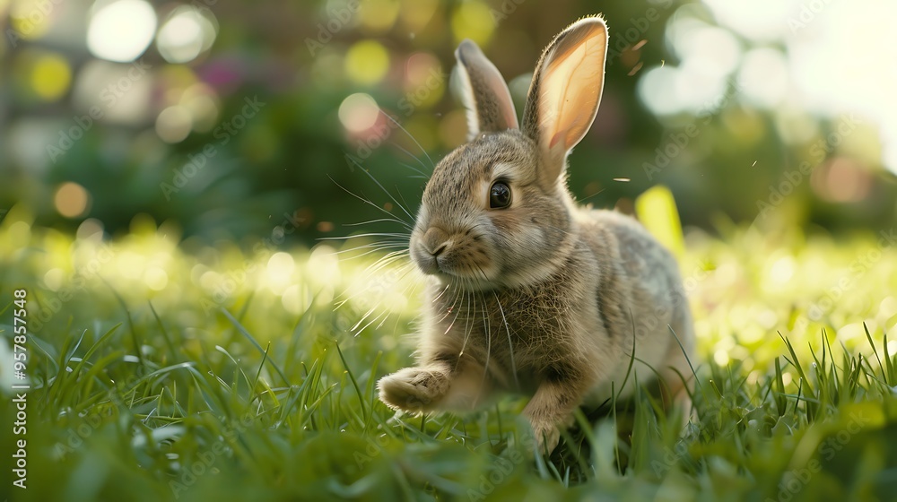 Adorable bunny running across the grass outside Adorable bunny running across the grass outside