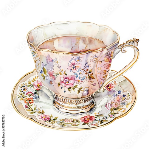 watercolor illustration of a vintage teacup, object element, intricate design, soft colors, isolated on white background