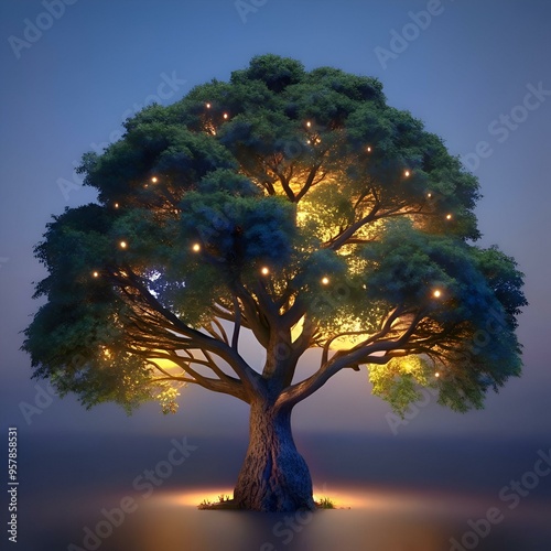 A magical 3D illustration of a California Black Oak tree with glowing lights emanating from its branches. creating a surreal and enchanting atmosphere.