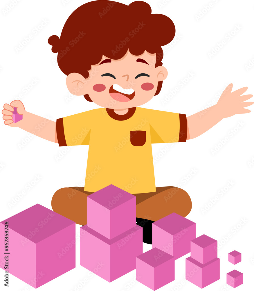 Kid Playing Pink Tower Montessory Kid Playing Pink Tower Montessory