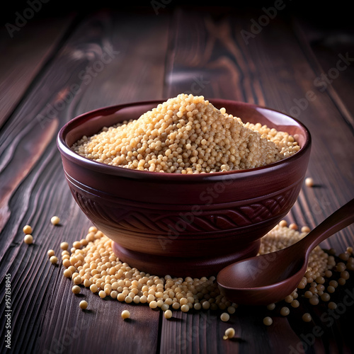 A wooden bowl of couscous on a rustic wooden table. photo