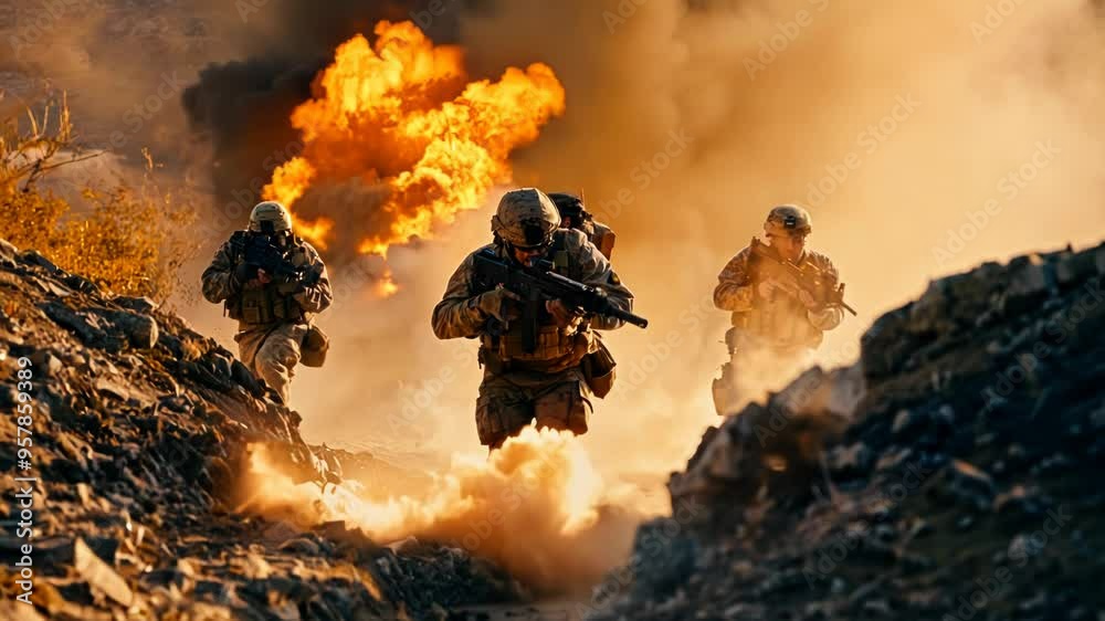 Soldiers in Combat Zone with Explosion