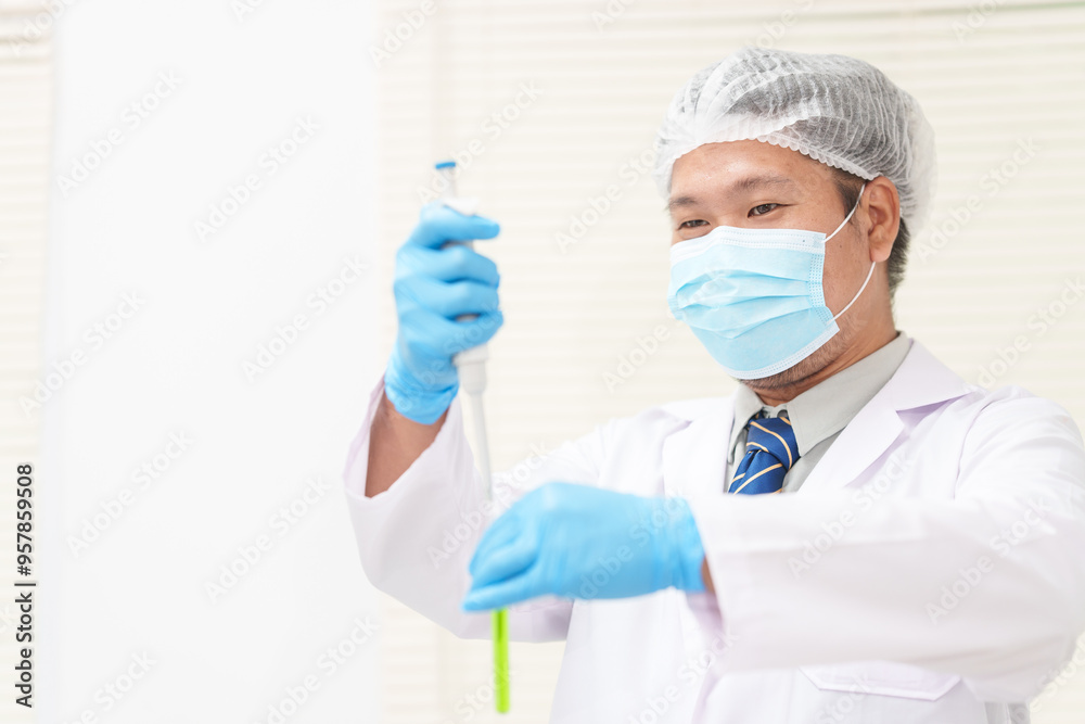 Two Asian scientists in lab coats sit at a table in a laboratory, examining samples through a microscope. The room is equipped with scientific tools, liquids, and chemistry materials. Two Asian scientists in lab coats sit at a table in a laboratory, examining samples through a microscope. The room is equipped with scientific tools, liquids, and chemistry materials.