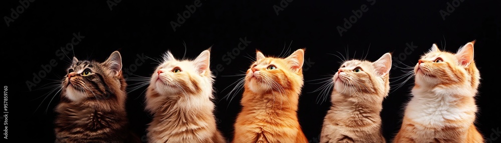 A captivating lineup of cats looking upward, showcasing various colors and fur patterns in a striking photo against a dark background.
