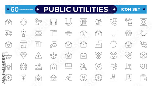 Public utilities, service. Set of Outline icons in linear style. Electricity, water supply, gas supply, drainage, garbage removal, major repairs, cold, hot water. Editable stroke outline icon.
