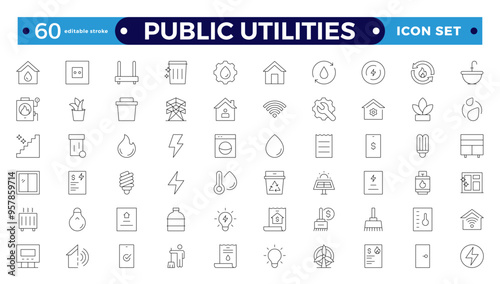 Public utilities, service. Set of Outline icons in linear style. Electricity, water supply, gas supply, drainage, garbage removal, major repairs, cold, hot water. Editable stroke outline icon.