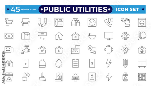 Public utilities, service. Set of Outline icons in linear style. Electricity, water supply, gas supply, drainage, garbage removal, major repairs, cold, hot water. Editable stroke outline icon.