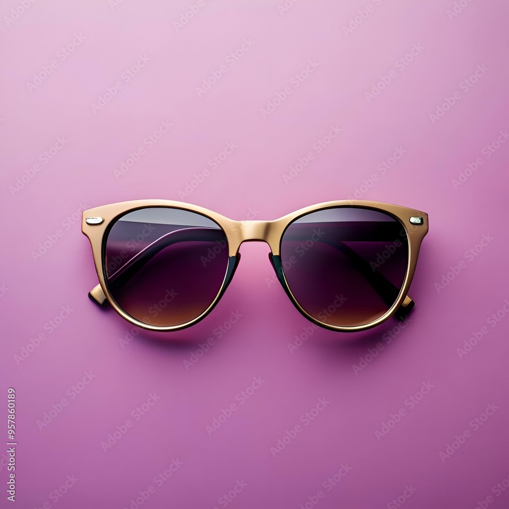 Chic and stylish sunglasses with a golden frame and brown lenses. isolated on a pink background. Chic and stylish sunglasses with a golden frame and brown lenses. isolated on a pink background.