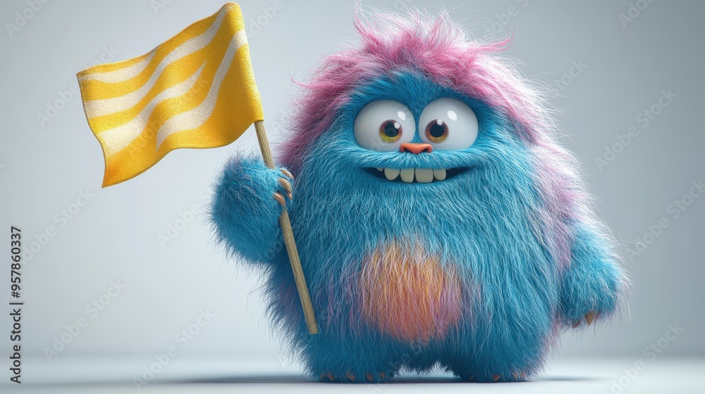 Obraz premium 3D rendering of a colorful hairy yeti cartoon character holding a wavy flag. Funny furry toy mockup isolated on white background for protest.