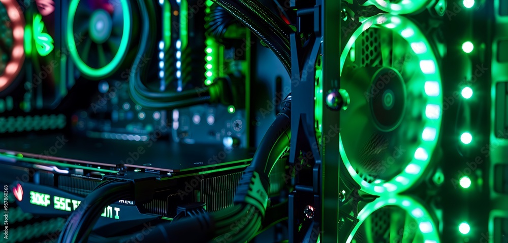 Close-up of RGB liquid cooler with green lights, modern gaming environment Close-up of RGB liquid cooler with green lights, modern gaming environment