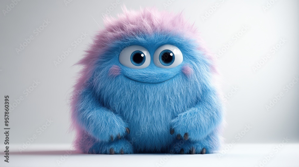 Fototapeta premium 3D rendering of a pink and blue hairy yeti cartoon character, a funny furry Halloween monster, isolated on a white background.